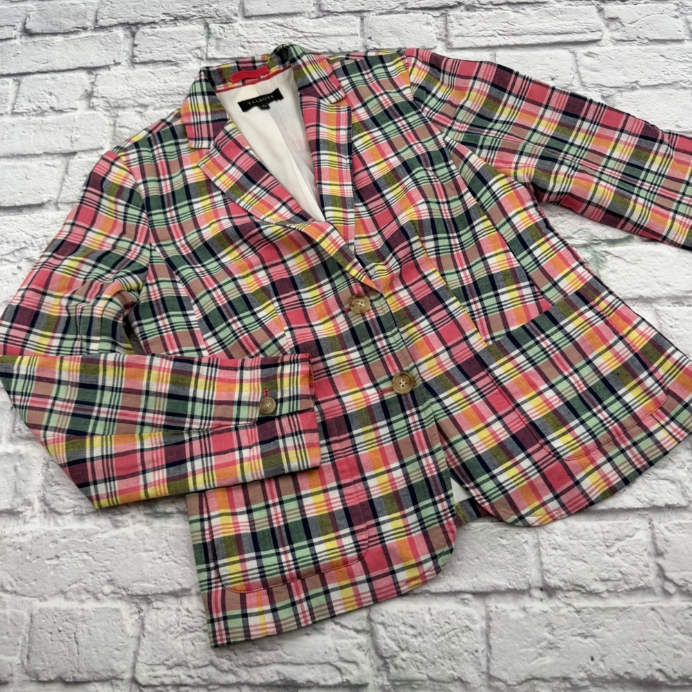 Talbots Womens Pink Green Plaid Linen Blend Blazer Jacket Size 4 Lightweight
